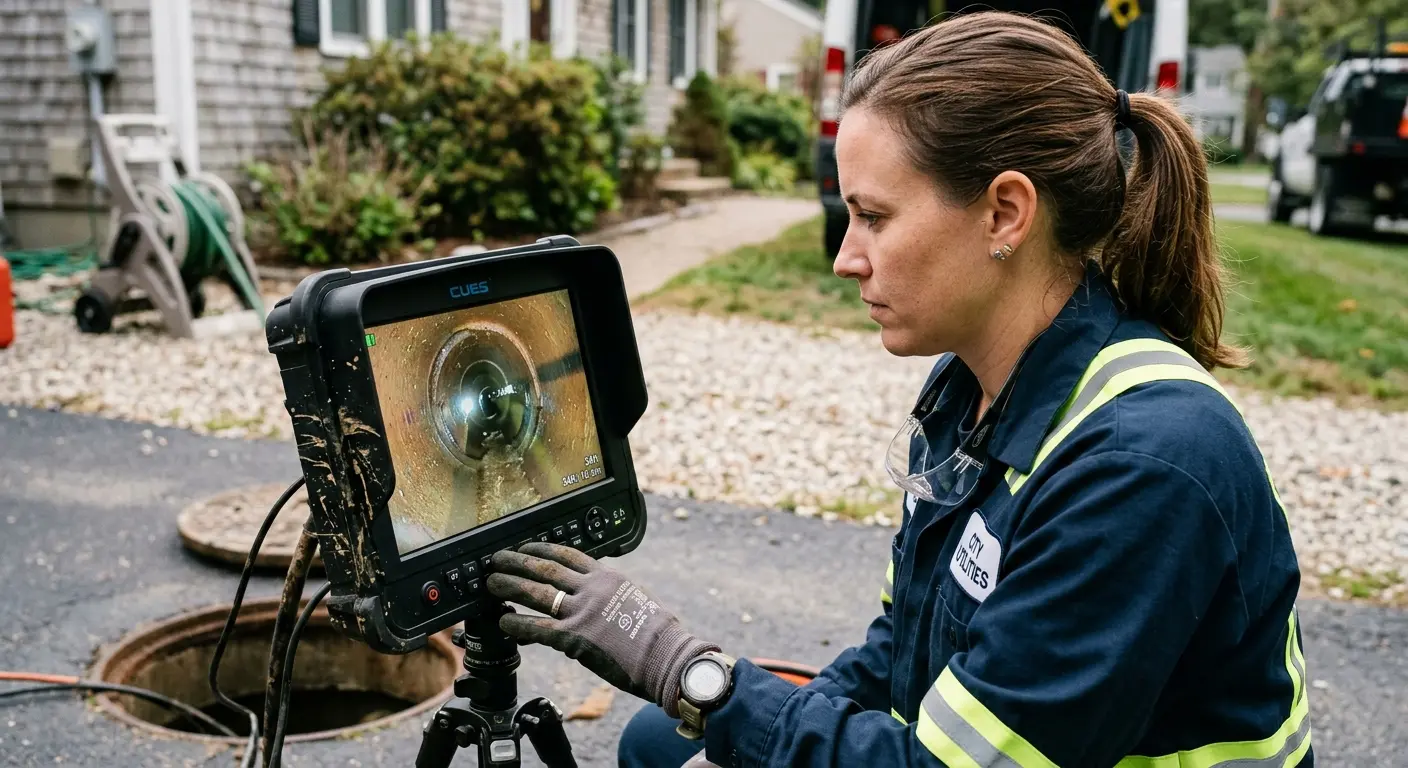 Technician reviewing sewer camera inspection footage in Northbridge
