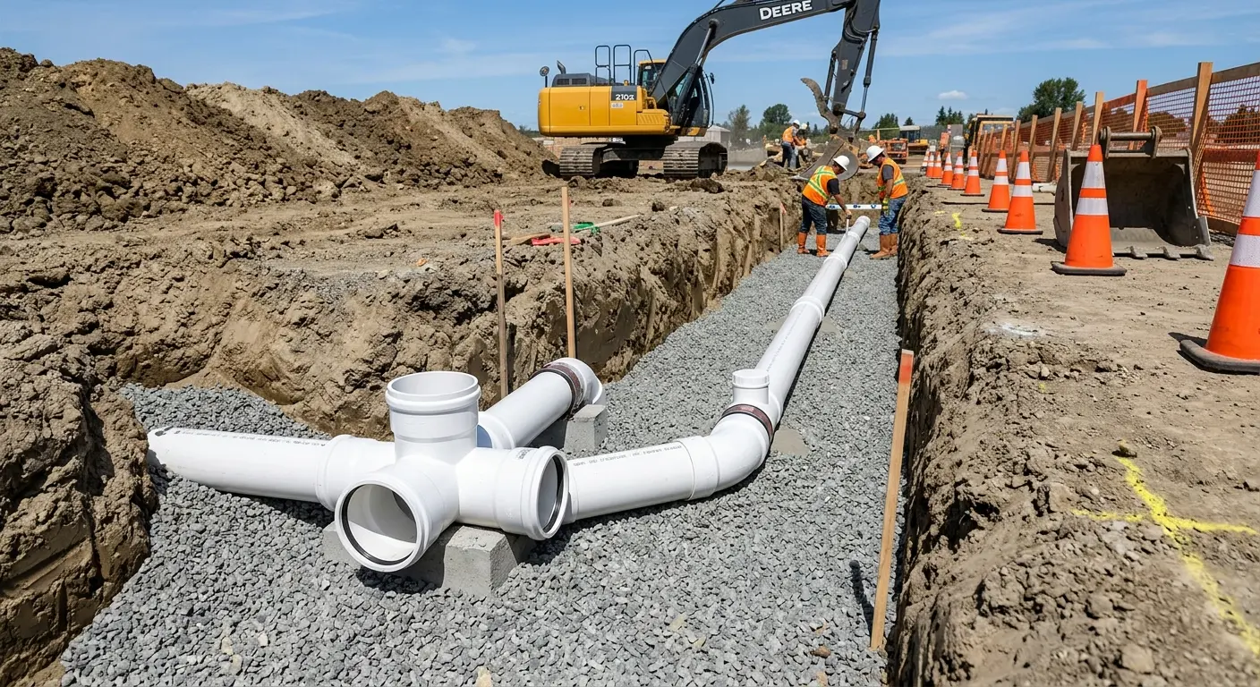 New PVC sewer pipe installation in open trench for Sewer Backup in Northbridge