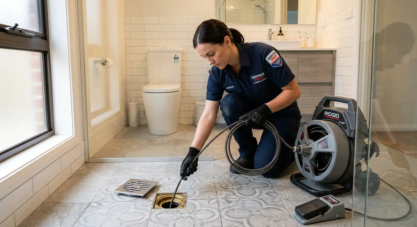 Technician clearing a bathroom floor drain for Drain Cleaning in Northbridge